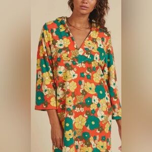 TROVATA Birds of Paradis Garazi Cabana Tunic Dress Orange Green Yellow Cover up